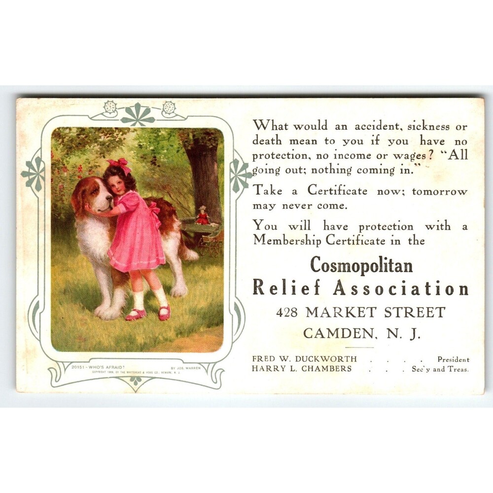 Who's Afraid Girl & Dog Postcard Trade Card Cosmopolitan Relief Camden NJ 1909